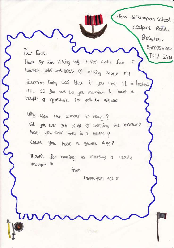 Letter from a child about how good the viking day at school was